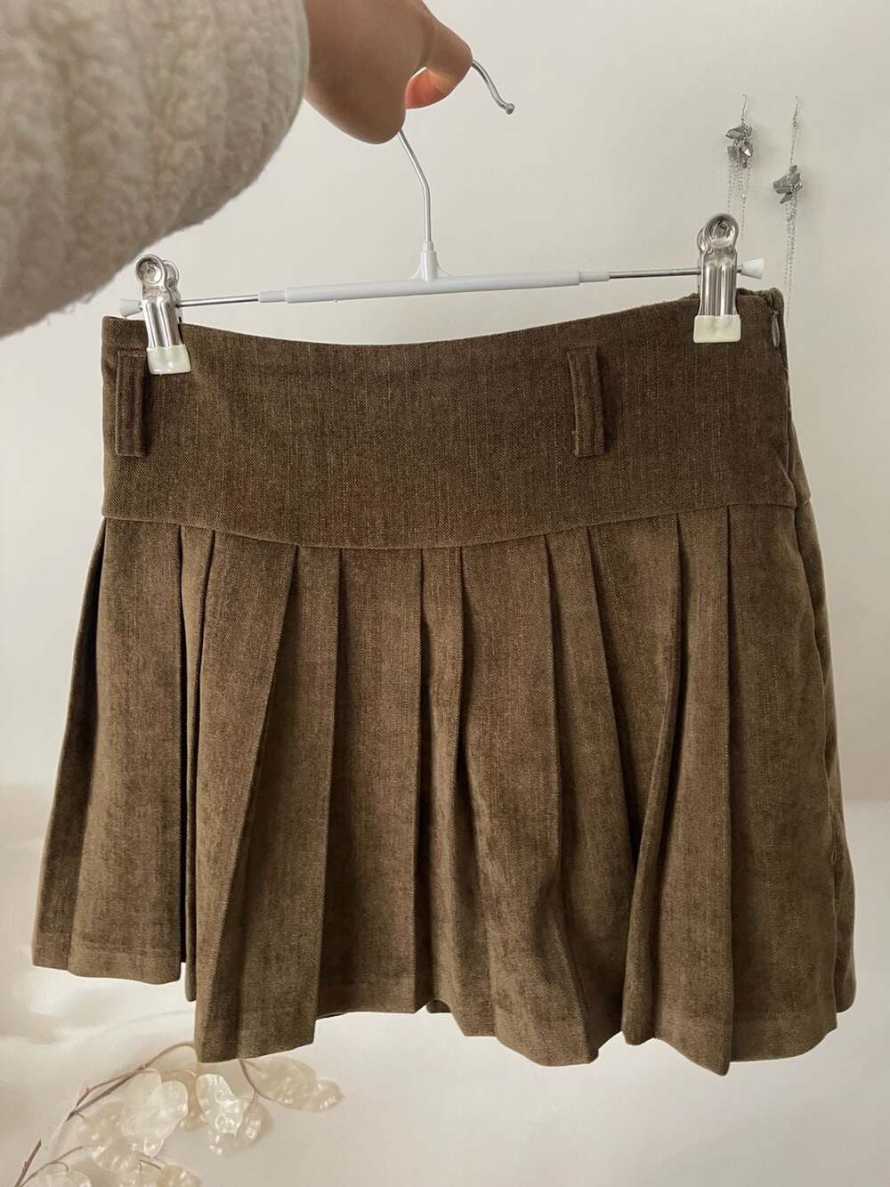 Brown Corduroy Pleated Mini Skirt with Elastic Back